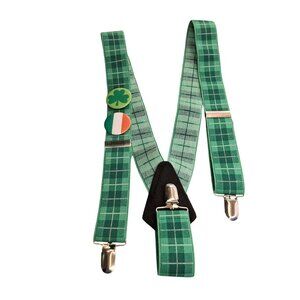 Green Plaid Irish Suspenders With Clover & Flag Pins Adjustable Y-Back Clips
